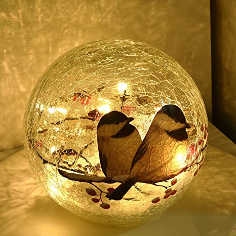 Glass Ball LED Light Birds Pattern Wireless Crackle Glass Light Warm White Night Lamp for Bedroom Living-Room Dresser Nursery Kitchen Garden Modern Glass Decoration Glass Craft