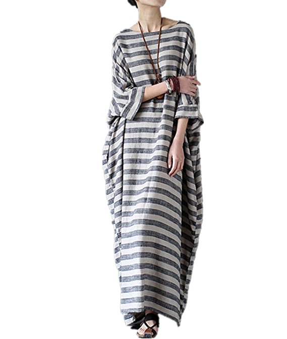 Yesno JG1 Women 52" Long Maxi Loose Striped Dress Arab Caftan Casual Plus Size 3/4 Sleeve Boat Neck
