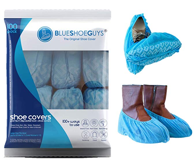 Blue Shoe Guys Premium Boot & Shoe Covers Disposable, 100 Pack | Non Slip Foot Booties, Water Resistant, Indoor/Outdoor, Protects Carpets/Floors | Large Size Fits Most (Upto US Men 11.5 Women 12.5)