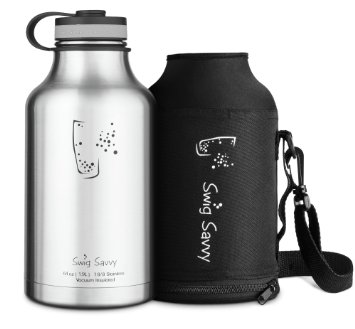 Swig Savvy's Stainless Steel Insulated Water Bottle and Beer Growler,wide Mouth 64oz Capacity, Double Wall Design, for Hot and Cold Beverages, Incloueds Water Bottle Pouch (Stainless Steel)