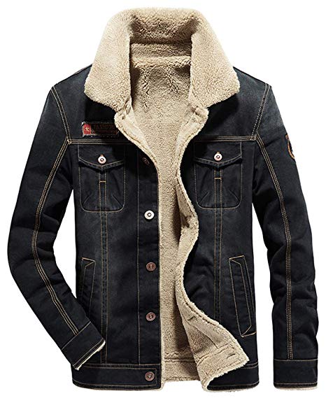 HOW'ON Men's Plus Cotton Warm Fur Collar Sherpa Lined Denim Jacket Button Down Classy Casual Quilted Jeans Coats Outwear