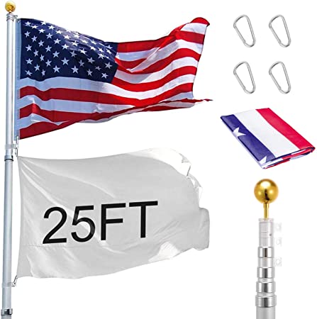 Voilamart 25ft Flagpole Telescopic 5 Sectional Fly 2 Flags, Outdoor Aluminum Flag Pole Kit with The American Flag, Great for Residential or Commercial