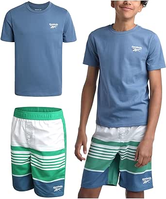 Reebok Boys' Rashguard Set - UPF 50  Short Sleeve Sun Shirt and Bathing Suit Boardshorts - Swimwear Set for Boys (4-12)