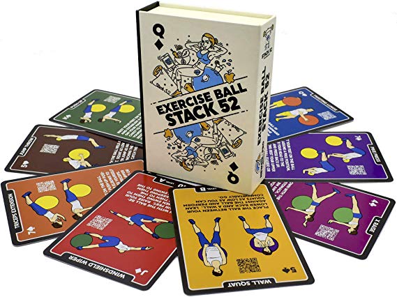 Stack 52 Exercise Ball Fitness Cards. Swiss Ball Workout Playing Card Game. Video Instructions Included. Bodyweight Training Program for Balance and Stability Balls.