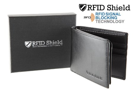 RFID Shield Anti-Theft RFID Signal Blocking Wallet Genuine Top Grain Leather Slim Bifold by iGuard Protection Against Electronic Pick Pocketing, Identity Theft and Credit Card Data Breaches (Black)