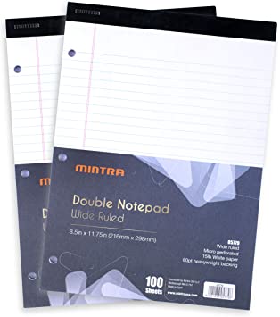 Mintra Office Legal Pads - ((DOUBLE PAD 2PK, WHITE, 8.5in x 11in, WIDE RULED)) -100 Sheets per Notepad, Micro perforated Writing Pad, Notebook Paper for School, College, Office, Professional