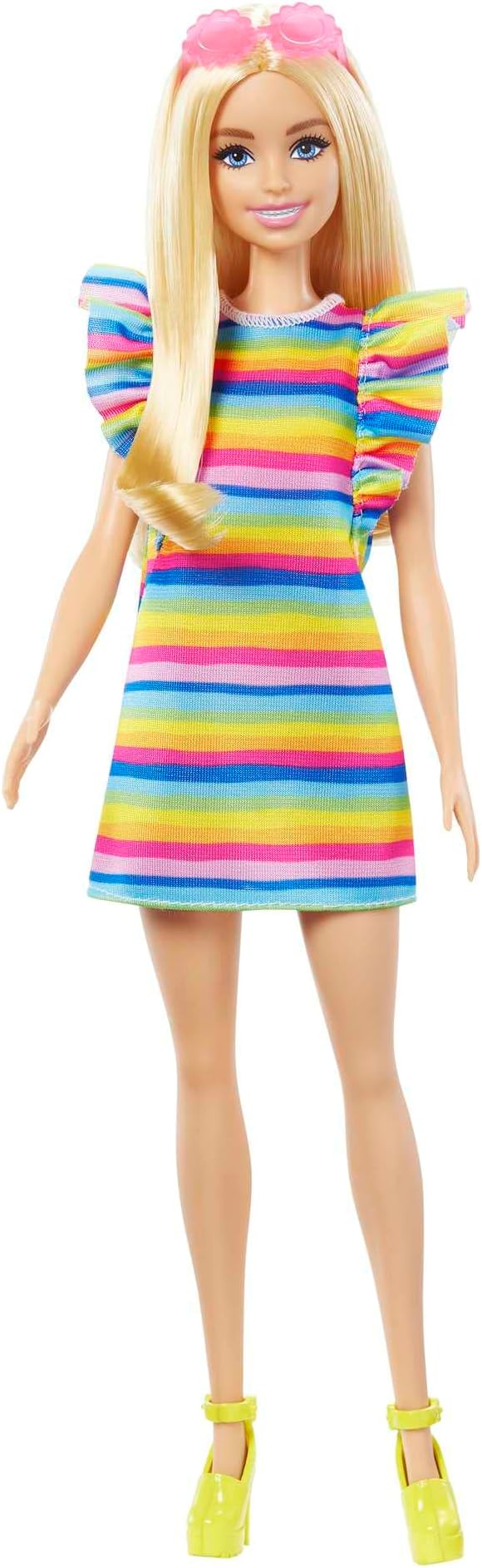 Barbie Fashionistas Doll #197 with Braces, Blonde Hair, Rainbow Tiered Dress & Accessories