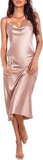 Ekouaer Women's Nightgown Satin Spagetti Strap Cowl Neck Elegant Slip Sleep Dress Silk Cami Nightshirt Silk Sleepwear