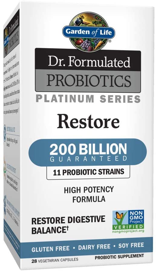 Garden of Life Dr. Formulated Probiotics Platinum Series Restore 200 Billion CFU Guaranteed, High Potency Probiotic Formula, Vegan, Non-GMO, Gluten, Dairy Free Digestive Immune Support, 28 Capsules