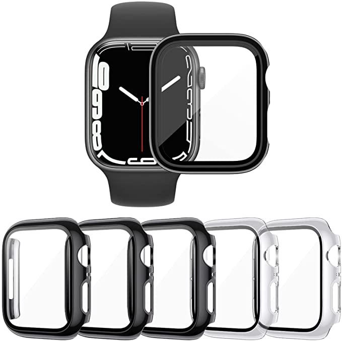 KIMILAR 5-Pack Tempered Glass Screen Protector Case Compatible with Apple Watch Series 7 45mm, Touch-Sensitive Ultra-Thin Hard PC Full Cover Bumper Compatible with iWatch 45mm