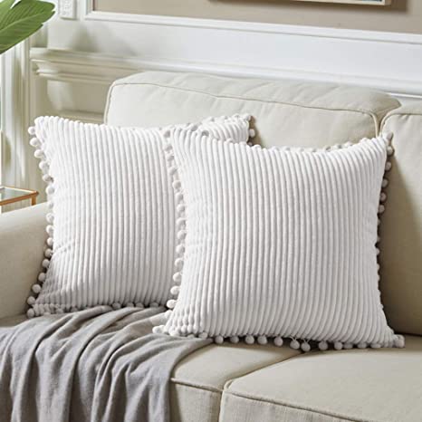 Fancy Homi Pack of 2 White Boho Decorative Throw Pillow Covers with Pom-poms, Soft Corduroy Solid Square Cushion Cases Set for Couch Living Room Bedroom Sofa Car (18x18 Inch/45x45 cm, Pure White)