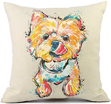 Redland Art Cute Pet Yorkshire Dog Throw Pillow Covers Cotton Linen Sofa Decorative Cushion Cases for Home Decor 18×18 Inch