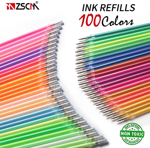 ZSCM Glitter Gel Pen Ink Refills, 100 Colors Gel Ink Pens Refills Replace Cartridges for Glitter Gel Pens Set, No Repeats