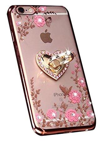 iPhone 7 Plus Floral Crystal TPU Case--Inspirationc Soft Slim Bling Plating Rubber Cover for iPhone 7 Plus 5.5 Inch with Rhinestone Diamond and Detachable 360 Ring Stand-Rose Gold and Pink