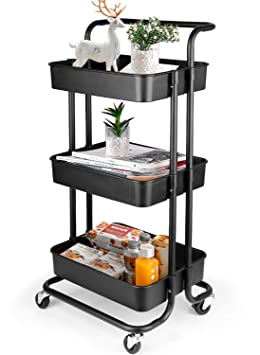 Amzdeal Storage Trolley Cart, 3 Tier Multi-Functional Metal Rolling Utility Cart with Handle and Lockable Wheels, 42 35 87cm, Black