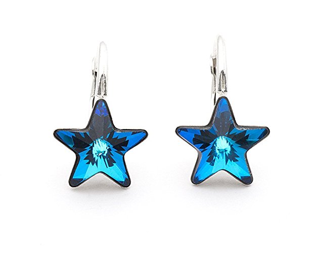Bermuda Blue Swarovski Star crystal sterling silver 925 dainty lever back earrings 0.6 in