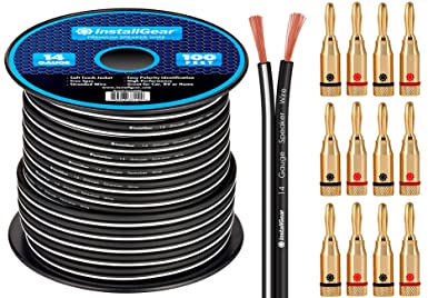 InstallGear 14 Gauge AWG 100ft Speaker Wire Cable - Black with 12 Banana Plugs