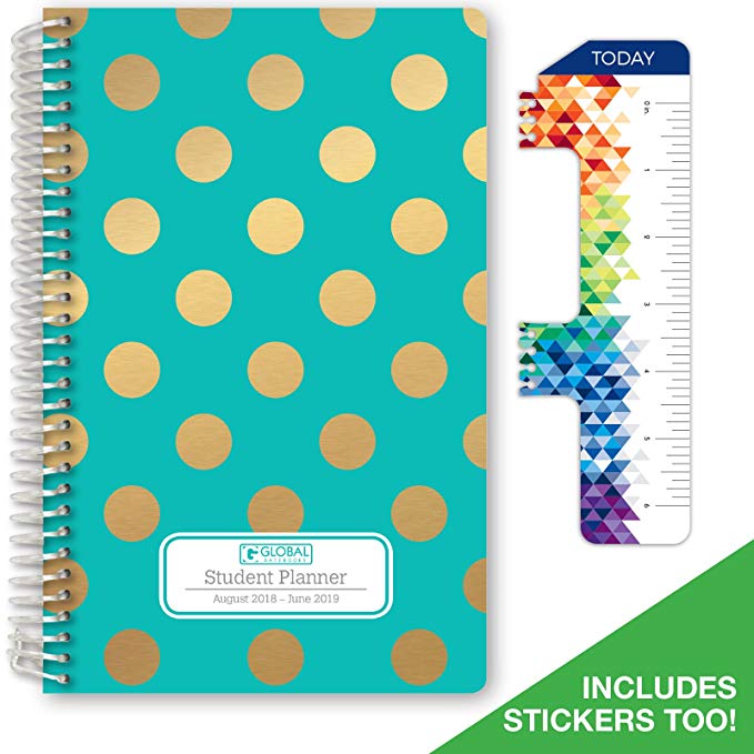 Hardcover Dated Middle School Or High School Student Planner for Academic Year 2018-2019 (Matrix Style - 5.5"x8.5" - Gold Dots Turquoise Cover) - Bonus Ruler/Bookmark and Planning Stickers