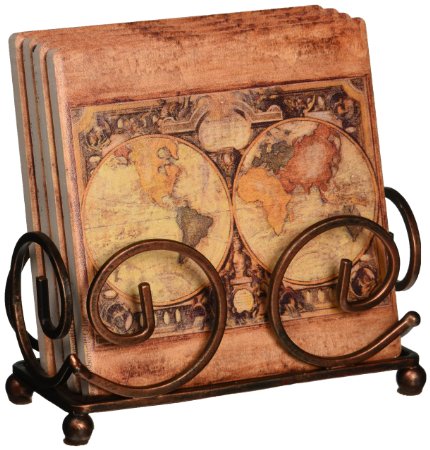 Thirstystone Occasions Stoneware Drink Coasters with Holder, Includes Old World Map