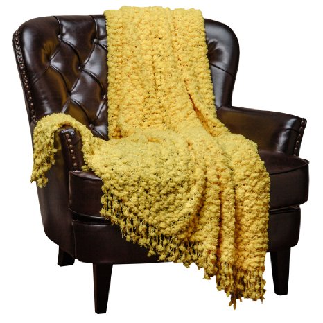 Chanasya Decorative Woven Popcorn Texture Knit Throw Blanket With Ball Fringe- Yellow