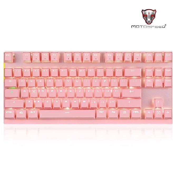 Motospeed GK82 Professional Wireless Mechanical Keyboard, RGB Backlight Support, Ergonomic Design, 87 Keys Gaming Keyboard Red Switch for Gaming or Office(Pink)