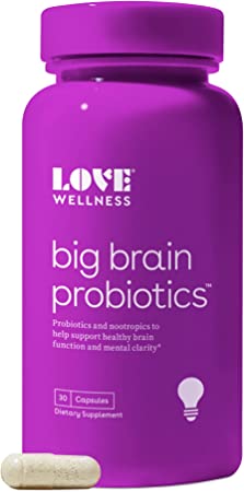 Love Wellness Nootropics Brain Support Supplement, Big Brain Probiotics - Brain Function, Cognitive Health, & Healthy Mood - Reishi & Chaga Mushrooms, Lions Mane - Dairy-Free & Vegan - 30 Servings