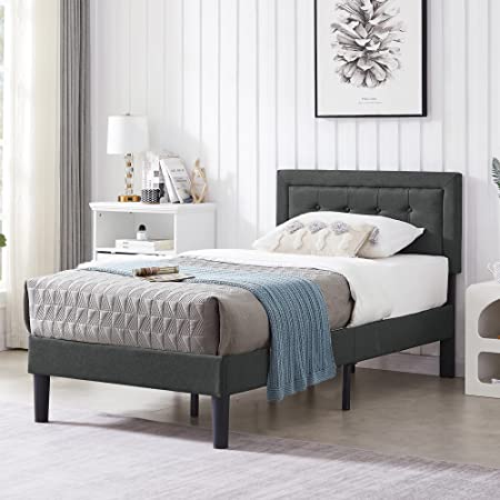 VECELO Twin Size Platform Bed Frame with Height Adjustable Upholstered Headboard/Mattress Foundation/Strong Slat Support / No Box Spring Needed, Grey