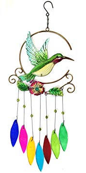 Bejeweled Display Unique Beautiful Hummingbird w/ Stained Glass Wind Chimes