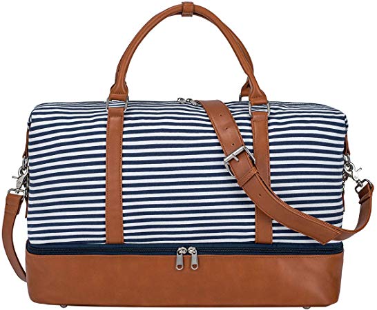 S-ZONE Canvas PU Leather Trim Strap Travel Weekender Overnight Carry-on Shoulder Duffel Tote Bag