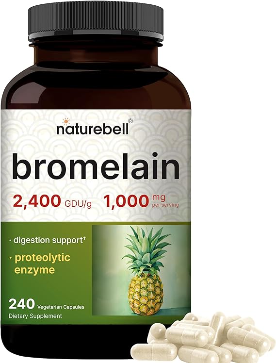 NatureBell Bromelain, 1,000mg Per Serving, 240 Veggie Capsules | 2,400 GDU – Digestive Enzymes & Joint Support Supplement – Proteolytic Enzymes for Digestion, Fresh Pineapple Source – Non-GMO