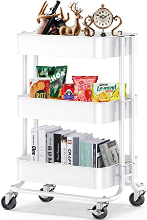 Pipishell 3-Tier Metal Rolling Utility Cart, Multifunction Storage Organization, Heavy-Duty Kitchen Island with 2 Lockable Wheels for Office, Kitchen, Bathroom, Nursery, Art Classroom (White)