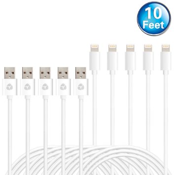Armii® 5 Pack 10 Feet / 3 Meters Lightning to USB Cable Extra Long Apple Charger for iPhone iPad iPod [ Heavy Duty ]