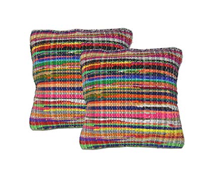 Chardin home Rainbow Eco Friendly Cotton Multi Rags Decorative Throw Pillow Covers, 24"x24" (Set of 2)