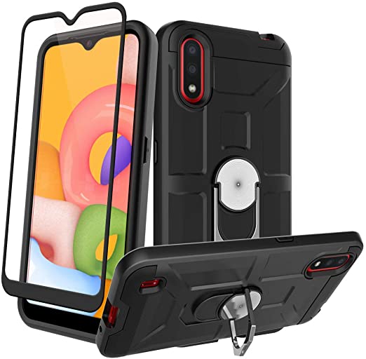 Hotuer for Galaxy A01 Case, Tempered Glass Screen Protector Rotatable Ring Kickstand Hard Armor Car Magnetic Mount Protective Case for Samsung Galaxy A01 - Black