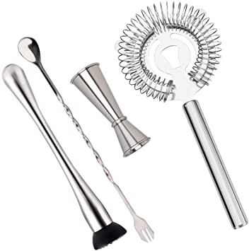 Muddler for Cocktails，Kapmore Cocktail Tools Mojito Muddler Kit Professional Grade Bar Tool Set with Stainless Steel Spoon, Jigger, Strainer and Muddler
