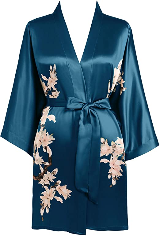 BABEYOND Satin Kimono Dressing Gown Short Floral Printed Kimono Robe Long Knee Length Kimono Dress Cover Up for Women Wedding Pyjamas Party