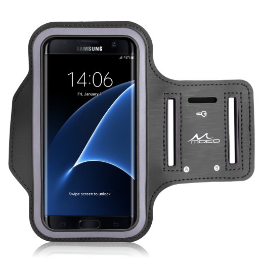 Galaxy S7 Edge Armband, MoKo Premium Sports Exercise Armband for Running, Workouts or Any Fitness Activity, Key Holder & Card Slot, Sweat-proof, BLACK (Compatible with Cellphones up to 5.5 Inch)