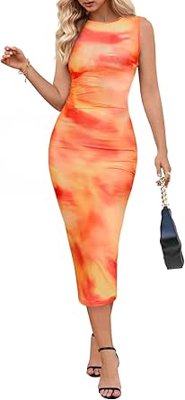 MEROKEETY Women's Summer Bodycon Tie Dye Dress Sleeveless Crew Neck Mesh Cocktail Party Maxi Dresses