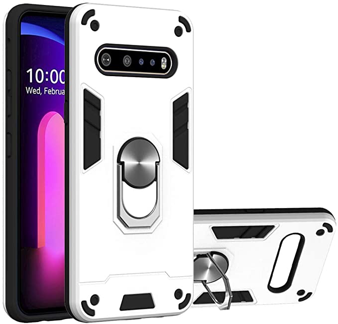 LG V60 ThinQ Case, Ranyi Hard Armor Case with 360 Rotating Ring Holder Kickstand [Fits Magnetic Car Mount] Shock Absorbing Protective Defender Case Cover for LG V60 ThinQ 5G (2020), Silver