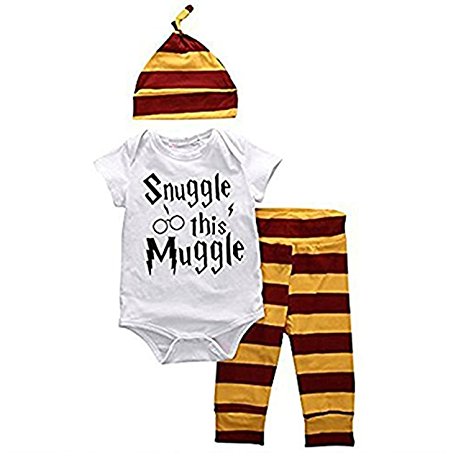 Newborn Baby Boys Girls Snuggle this Muggle Bodysuit Romper Shirt and Striped Pants Outfit with Hat