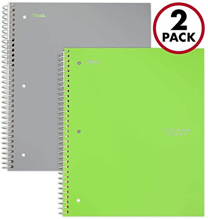 Five Star Spiral Notebooks, 3 Subject, Wide Ruled Paper, 150 Sheets, 10-1/2" x 8", Gray, Lime, 2 Pack (38429)