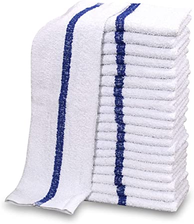 GOLD TEXTILES 120 PC New Cotton Blend White Restaurant Bar Mops Kitchen Towels 28oz (10 Dozen) (120, Blue Stripe)