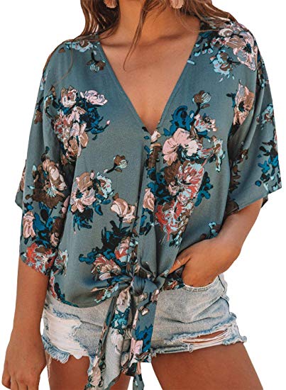 HOTAPEI Women's Summer Deep V Neck Flutter Sleeve Button Down Front Tie Casual Tops Shirts and Blouses