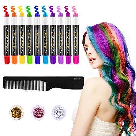 FRCOLOR Hair Chalk for Kids, 10 Colors Temporary Hair Chalk Pens with 3 Colors Hair Body Glitters, Salon Non-toxic Washable Hair Dye, Cosplay Birthday DIY for Kids Girls Teen Adults