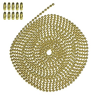 10 Foot Length Ball Chain, #6 Size, Brass Plated Steel, & 10 Matching Connectors
