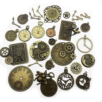 30pcs Antique Bronze Mix Skeleton Steampunk Clock Face Watch Gear Cog Wheel Pendant Charms Jewelry Making DIY Steampunk Gear Pendant Charms Wholesale (M071)