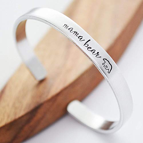 Mama Bear Bracelet for Women Hand Stamped Cuff New Mom Mother's Day Gifts Idea Mommy and Me Jewelry