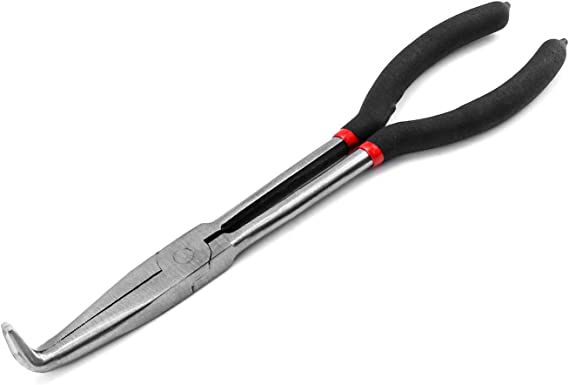 QWORK Long Reach Long Nose Pliers, 90 Degree Bent 11 Inch Spark Plug Wire Removal Plier