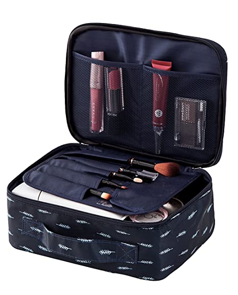 Travel Makeup Cosmetic Case,Portable Brushes Case Toiletry Bag Travel Kit Organizer Cosmetic Bag, A-Navy Feathers