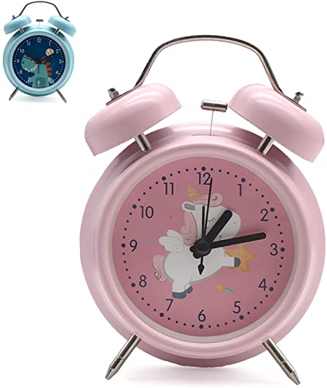 Kids Alarm Clocks, Unicorn Bedside Silent Non-ticking Alarm Clocks with Backlight, Twin Bell Battery Operated Vintage Classic Cute Round Clocks Bedroom Accessories Gift for Girls Boys Kids (Pink)